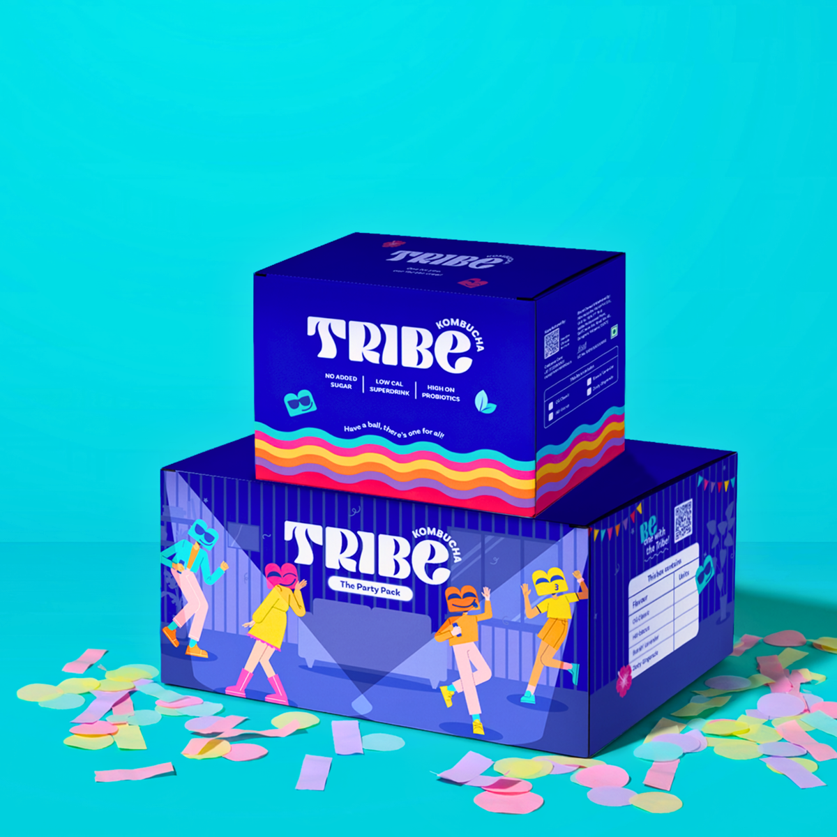 Two stacked blue product boxes with the word TRIBE prominently printed in white, decorated with colorful illustrated figures and rainbow stripes, set on a bright turquoise background with scattered pastel confetti around the base.