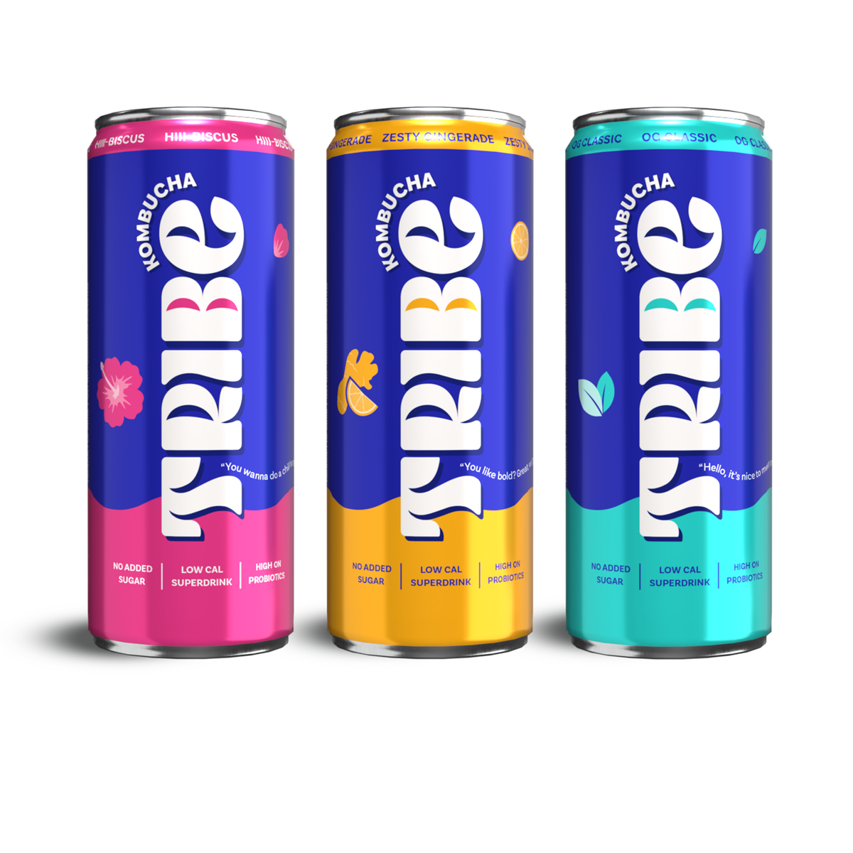 Three cans of Tribe Kombucha in different colors on a white background